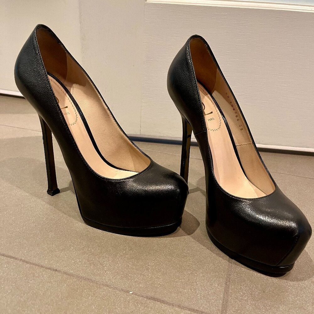 Yves Saint Laurent black leather Tribtoo Platform heels sz 8